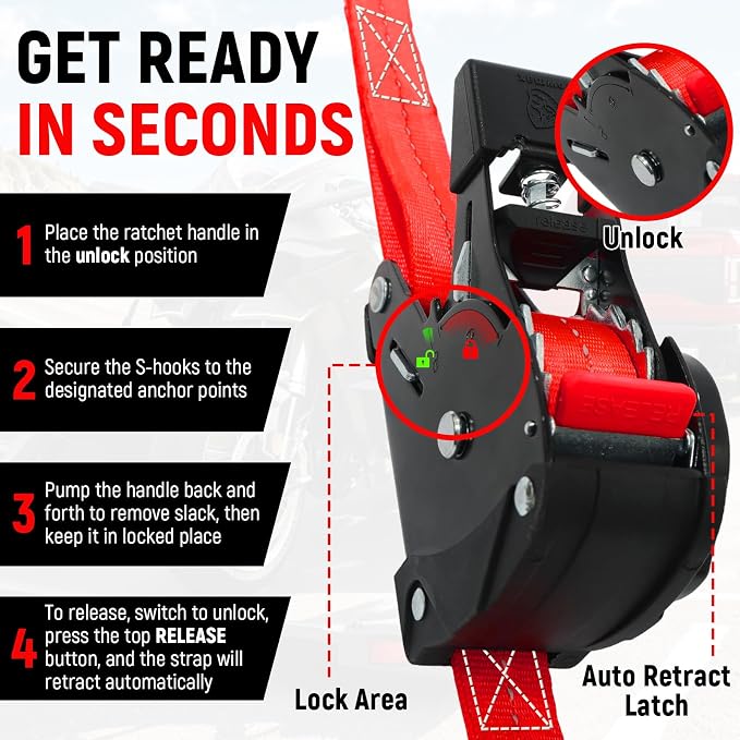 Retractable Ratchet Straps (Patented-4pack) - 1 inch x 10Feet (1,800lb Break Strength) Auto Self Retracting Tie Down Straps - Self Retractable Straps with Refletcive for Motorcyle, Truck or Cargo