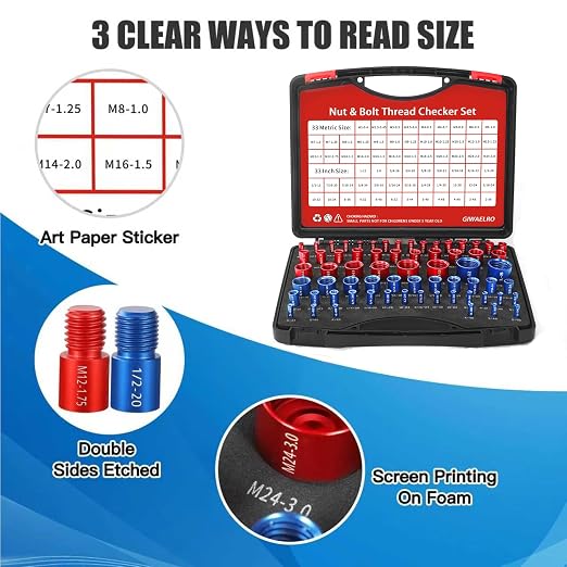 Nut and Bolt Thread Checker - 66 PCS Nut and Bolt Gauges Individually Housed in Case (33 Inch & 33 Metric) Specially Suitable for Size Check on Tricky and Narrow Area