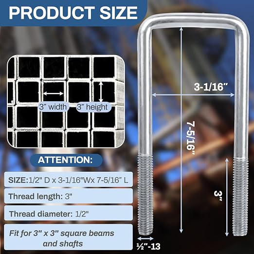 4 Sets 304 Stainless Steel Square U Bolt,U Bolts 3 inch Wide,1/2" D x 3-1/16" W x 7-5/16"L U-Bolts for Boat Trailer with Nuts and Washers, for Automobiles Trailer, Ski Boat