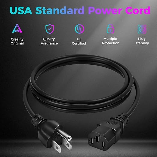 3D Printer Power Cord for Creality Ender 3/K1/K2/Bambu Lab A1/P1S/Flashforge AD5, Standard 1.5M/5FT 18AWG 3 Prong AC Power Cable for Electronics, Computer, TV, Laptop, Printer, Monitor, Radio and More