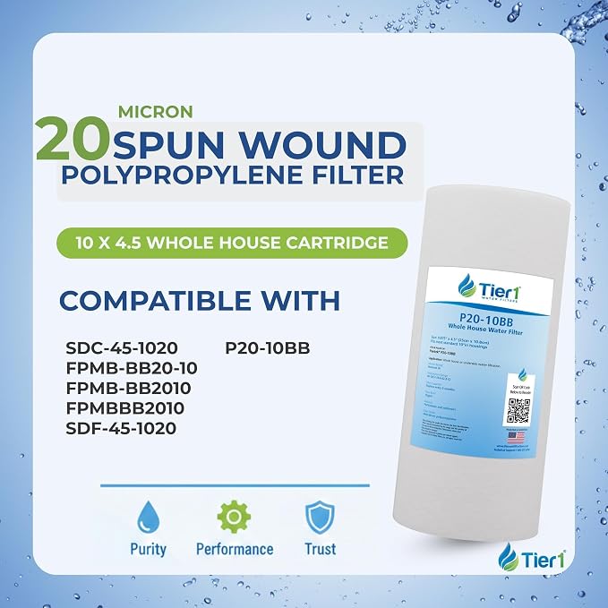 Tier1 20 Micron 10 x 4.5 Water Filter | Spun Wound Polypropylene Whole House Sediment Water Filter Cartridge | Replacement for SDC-45-1020, FPMB-BB20-10, P20-10BB | 4.5 x 10 Water Filter (12-Pack)