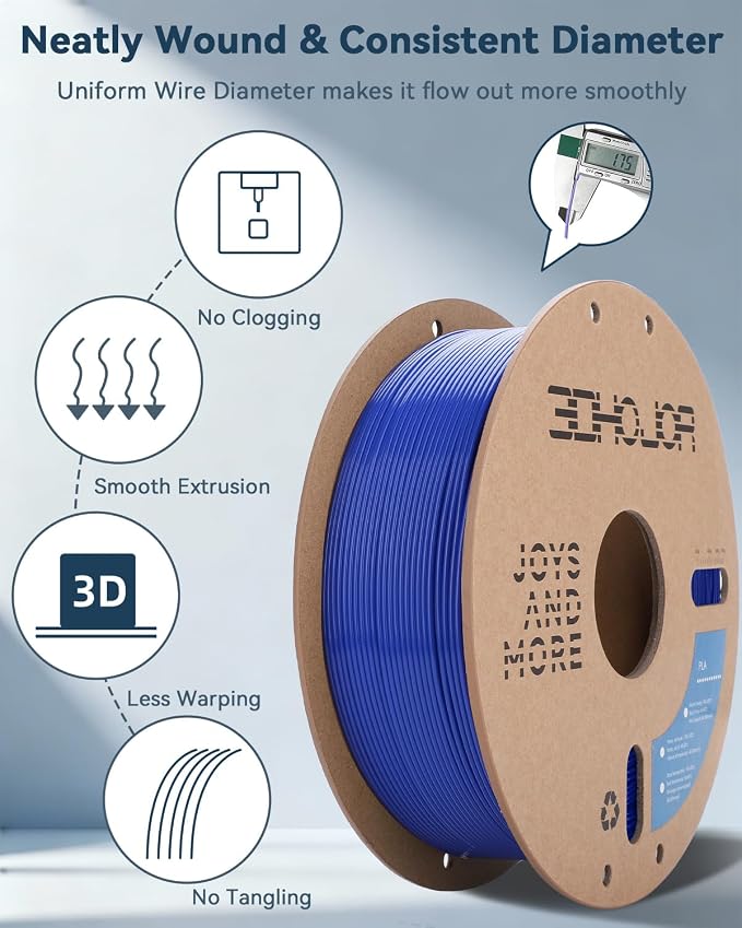 3DHoJor PLA Filament 1.75mm,3D Printer Filament,1kg Cardboard Spool (2.2lbs),Dimensional Accuracy +/- 0.03 mm,Vacuum Packaging,Odor Free, Clog Free,Fit Most 3D FDM Printer,Blue