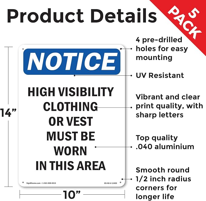 High Visibility Clothing Or Vest OSHA Notice Aluminum Sign 14 Inch x 10 Inch - 5 Pack