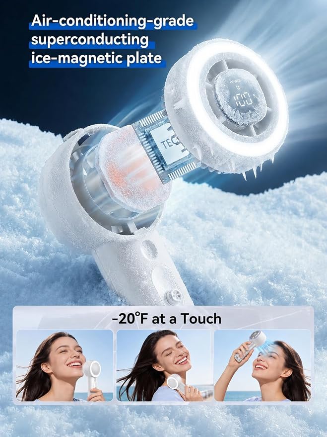 Handheld Fan with Mist, Portable Fan with 1-199 Speed, AC-Level Ice Cooling Personal Fan, 26000 RPM Powerful Turbo Fan, 40ml Water Tank & 5000mAh Battery Mini Fan for Travel, Makeup, Camping, Outdoors