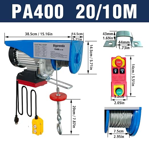 880lb Electric Hoist with Remote Control/Wired Control, Electric Hoist 2 in 1, 110v Electric Hoist with Single/Double Slings,65.6/33ft Lifting Height, for Factory Attic Garage Warehouse
