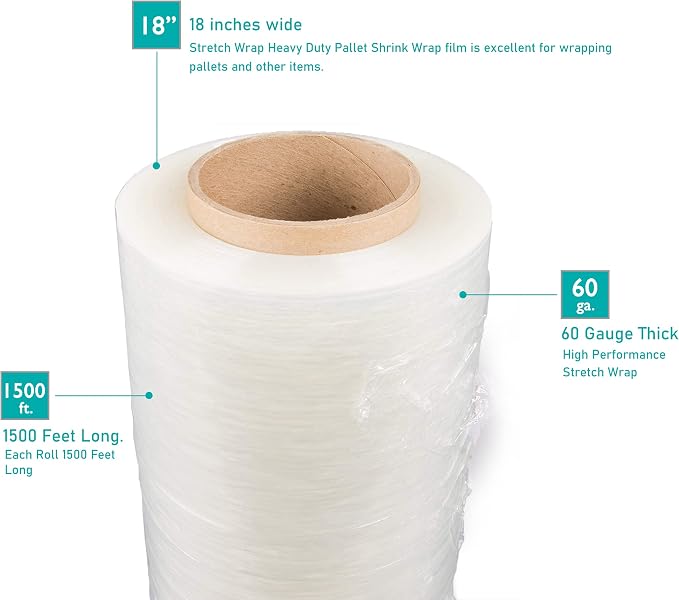 PackageZoom 4 Rolls Clear Stretch Wrap Film 18” x 1500 feet Plastic Wrap for Moving, Packing, Shipping & Storage Heavy Duty Industrial Cling Film for Boxes and Furniture (64)