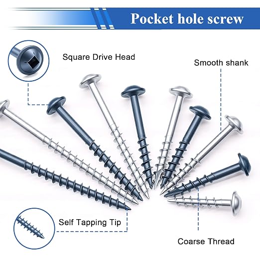 smseace 840Pcs Pocket Hole Screws Assortment Kit #8 x 1, 1-1/4", 1-1/2", 2", 2-1/2" Blue Coated and Zinc Coated Square Drive Pocket Screws with 150mm Drive Bit Wood Screw Set