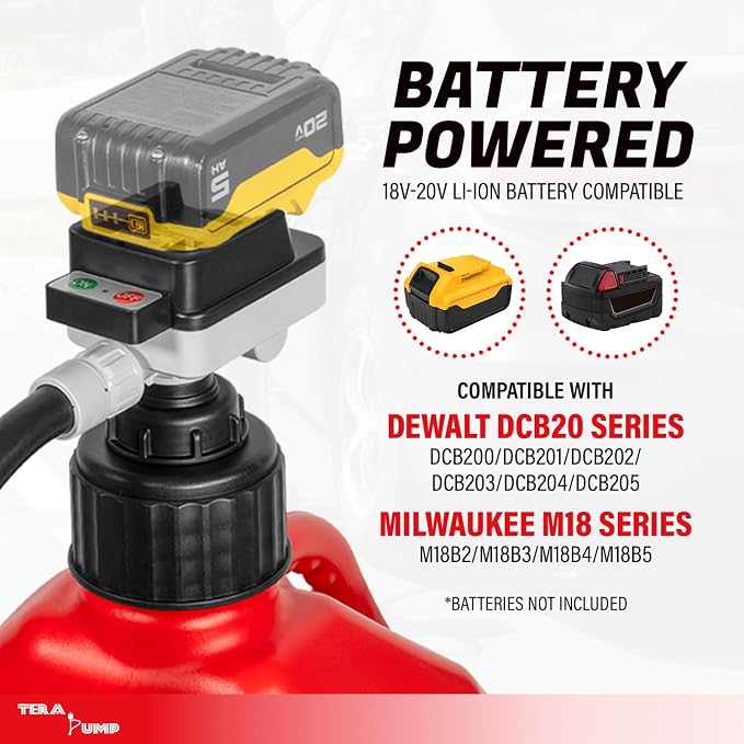 TERA PUMP Battery Powered Liquid Transfer Pump (4.0 GPM) – Cordless Pump Compatible with DeWalt 20V & Milwaukee 18V Batteries, Manual Nozzle, 51” Heavy-Duty Rubber Hose, Includes 4 Adapters