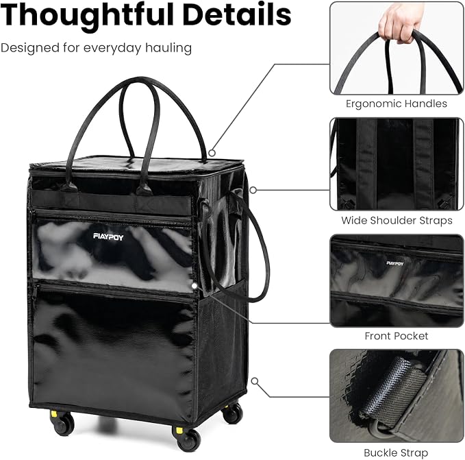 Rolling Grocery Bag with Wheels, 120L Foldable Shopping Cart Bag with Wide Shoulder Straps, 5 Detachable Wheels, Buckle Storage Strap, Large Reusable Utility Tote for Groceries (Black, Large)