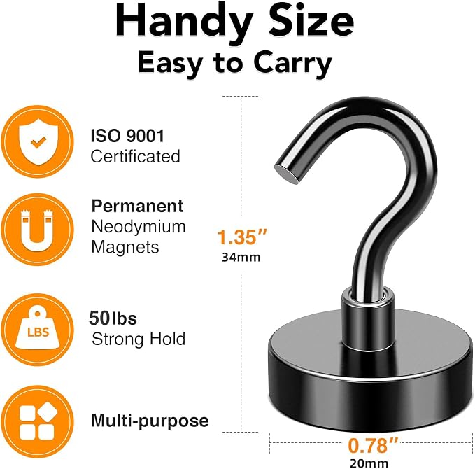 MIKEDE Magnetic Hooks 50LB+ Heavy Duty Magnet Hooks for Cruise Cabins | Super Neodymium Hanging Hooks Black Strong Magnets with Hook for Fridge Magnetic Hanger for Grill Toolbox Pack of 4