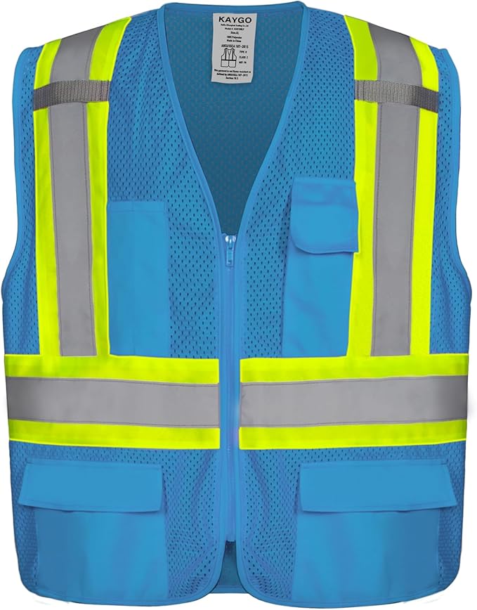 KAYGO Reflective High Vis Safety Vest with Pockets for Men and Women KG0100 | Breathable Polyester Lightweight, Two-Tone, ANSI Class 2, for Construction, Warehouse, Surveying, Cycling, Machine Washable
