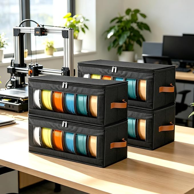4 Pack Foldable Filament Storage Box, 3D Printer Filament Containers with Transparent Window, Desiccants & Labels, Holds 24 Rolls, Water-Resistant Organizer for Home Office Workshop Studio