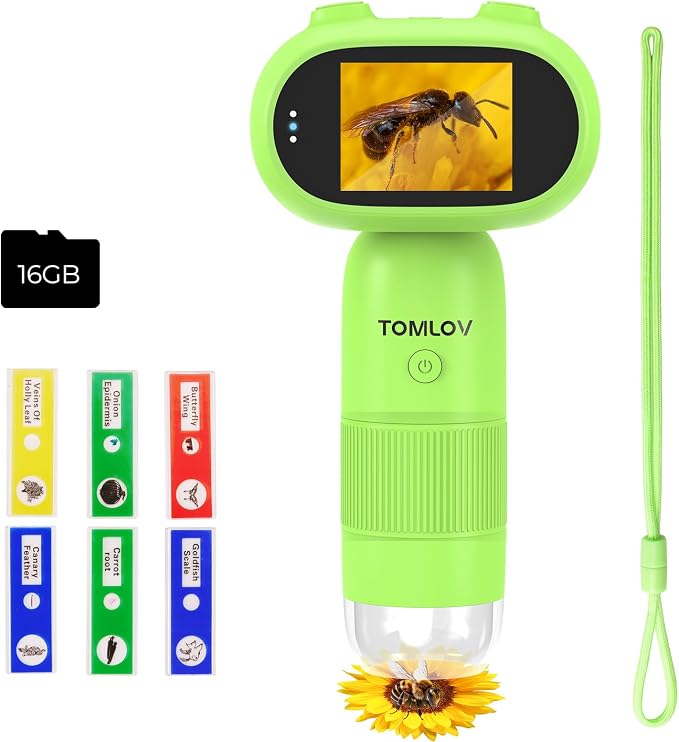 TOMLOV P30 2" HD Kids Microscope 1000X Magnification with 16MP Camera Portable Pocket Digital Magnifier Educational Science Toy for Children Age 5-12 Boys Girls Classroom Home Outdoor Exploration