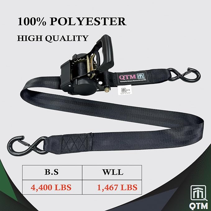 QTM Heavy Duty Retractable Ratchet Straps - 2 Inch X 10Feet, 4,400lbs Breaking Strength - Truck, Cargo Trailer, Motorcycle Tie Down Straps - 2 Pack with Bag (Black)