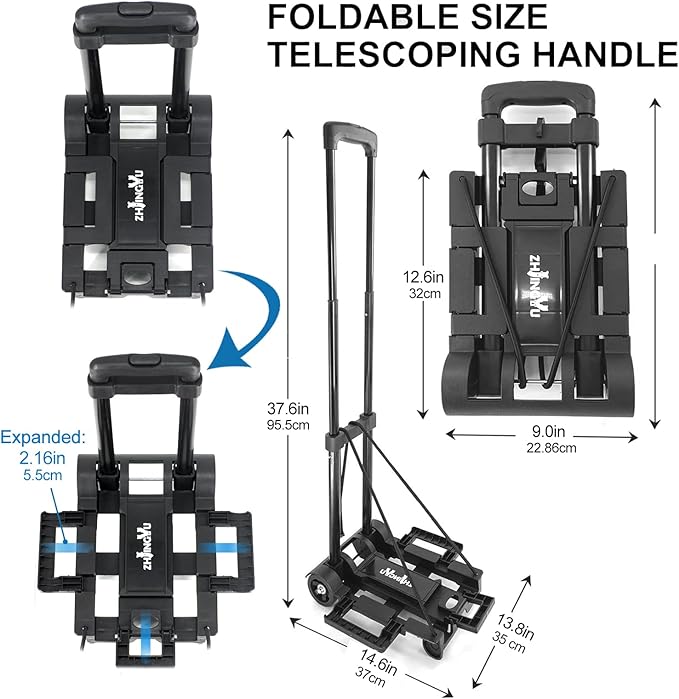 Folding Hand Truck Trolley Dolly, Folding Cart Small Trolley Dolly with Wheels, Lightweight Utility Dolly Trolly Expandable Baseplate Small Backpack Portable Luggage Cart for Airport Travel