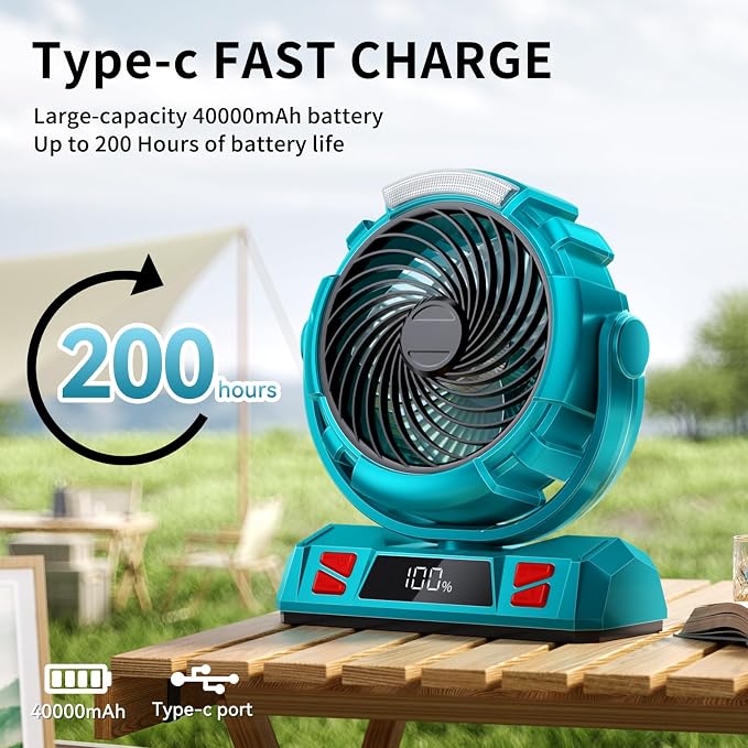Camping LED Fan with Light, 40000mAh Rechargeable Battery Powered Outdoor Tent Fan with Light and Hook, 6 Speed, Personal USB Desk Fan for Camping, Fishing, Power Outage,Hurricane, Worksite