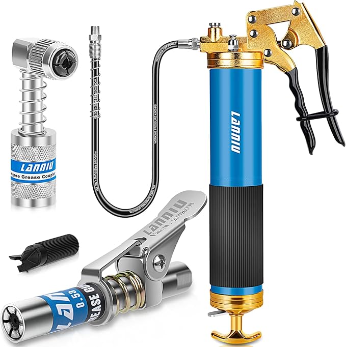 Grease Gun Kit, 8000 PSI Heavy Duty Pistol Grip Grease Gun with 14 OZ Capacity, Includes 0.53" Grease Coupler & 90° Grease Adaptor, Grease Guns for Automotive, Agricultral, Industrial, Marine