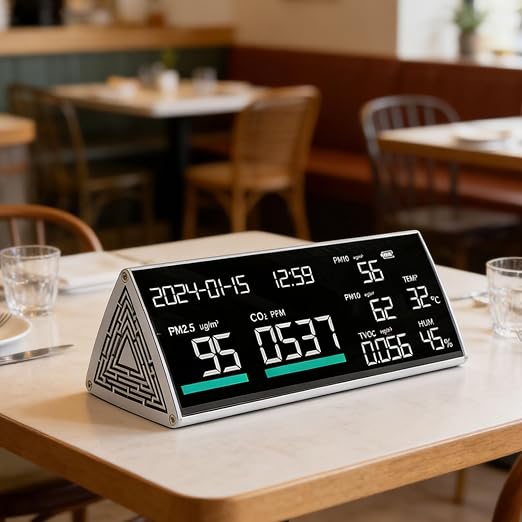 Air Quality Tester, Indoor Air Quality Monitor, Intuitive & Clear Display, PM2.5 PM1.0 PM10 Temperature Humidity CO2 TVOC Time Date Display for Home Hotel School