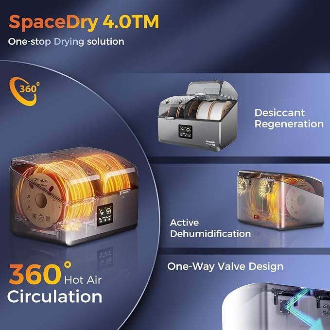 Creality Filament Dryer 4 Spools,Space Pi X4 Filament Storage Box: Dual Independent Heating Chambers Up to 85℃, Auto Silent Power Saving Storage and Active Dehumidification with 4kg PETG (Black/White)