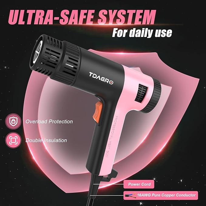 Heat Gun for crafting 1800W, 122℉~1202℉ Variable Temperature Control with 2-Temp Settings 4 Nozzles, 1.5s Fast Heating Mini Heat Gun for Resin, Shrink PVC Tubing/Crafts and Vinyl Wrap（Pink）