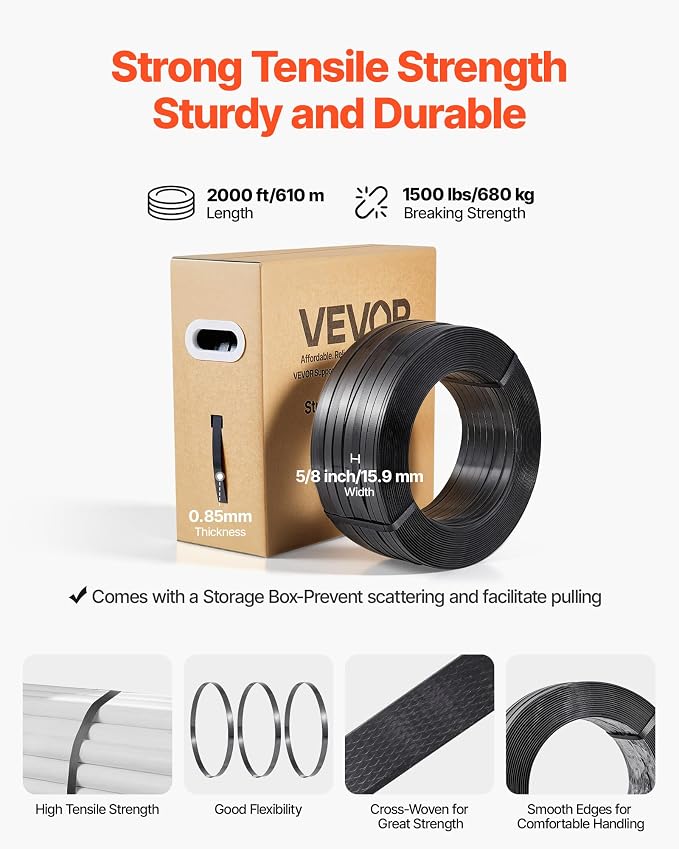 VEVOR Banding Strapping Kit, Heavy Duty Banding Sealer Tool with 2000 ft PET Band, 600 Metal Seals, 200 Corner Protectors, Plastic Pallet Packaging Strapping Kit for Warehouse, Transportation, Home