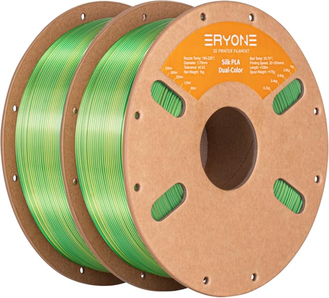 ERYONE Silk Dual Color PLA Filament 3D Printer 1.75mm +/- 0.03mm, Bicolor Filament Two Tone PLA Bundle 2KG Cardboard Spool, Yellow Green