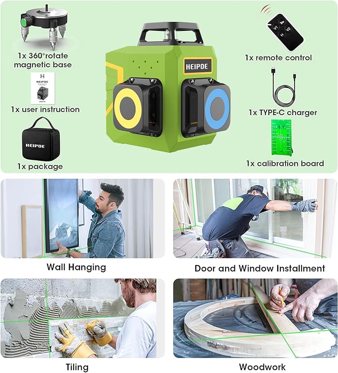 Laser Level Self Leveling 3x360° 3D Green Cross Line for Construction and Picture Hanging, Rechargeable battery, Remote Controller, Magnetic Rotating Stand Included