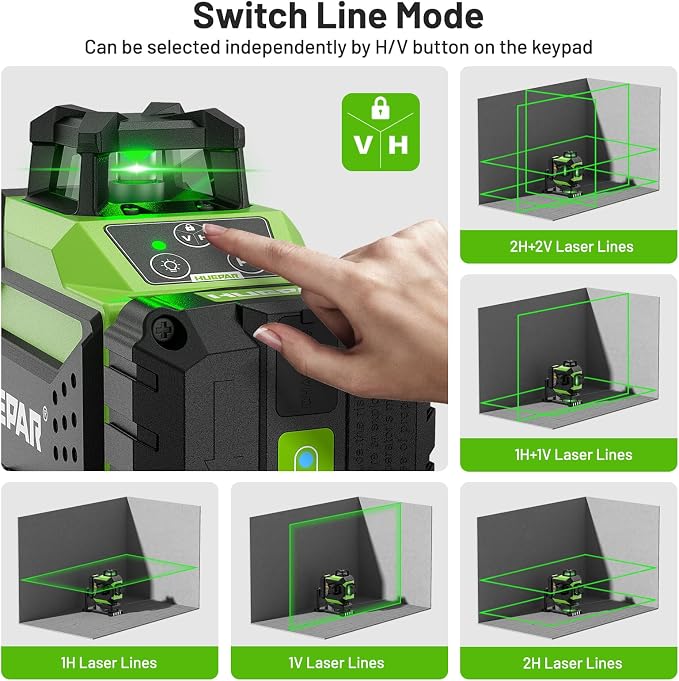Huepar 4 x 360 Laser Level Self-leveling 4D Green Beam Cross Line 16 Lines Tiling Floor Laser Tool - 2 x 360 Horizontal/Vertical Laser Lines -rechargeable & Integrated Magnetic Bracket 704CG
