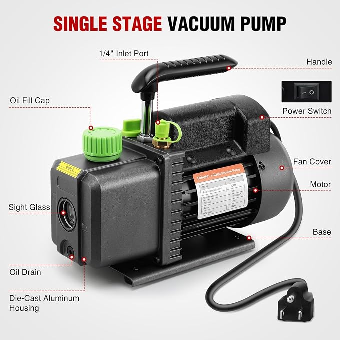 Nilight 4 CFM Vacuum Pump HVAC, 1/3 HP 110V Single Stage AC Vacuum Pumps Kit for R22 R404a R134a R410a, 5 Pa Ultimate Vacuum for Auto Air Conditioning Servicing Refrigerant Recharging, Oil Included