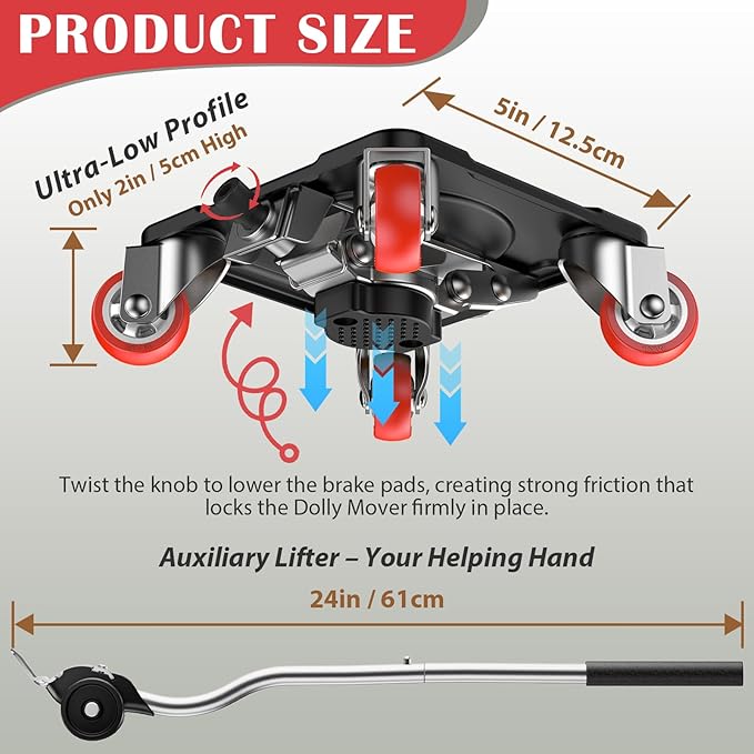 ONEON Heavy Duty Furniture Movers with Wheels Dolly with Auxiliary Lifter, All-New Upgraded Carbon Steel Panels & 360°-Wheeled Casters, Supports up to 1100 lbs (M+Parked)