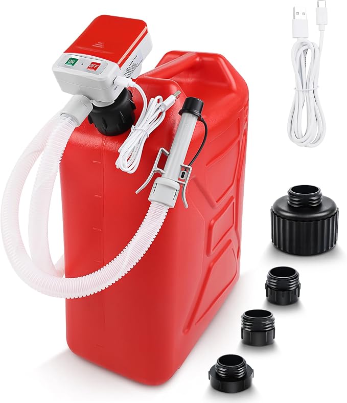 Fuel Transfer Pump 3.2 GPM, Dual Power USB-C & AA Battery, Auto-Stop Gas and Diesel Pump, 51 Inch Hose with 4 Fuel Can Adapters for Easy, Hands-Free Fueling (Red)