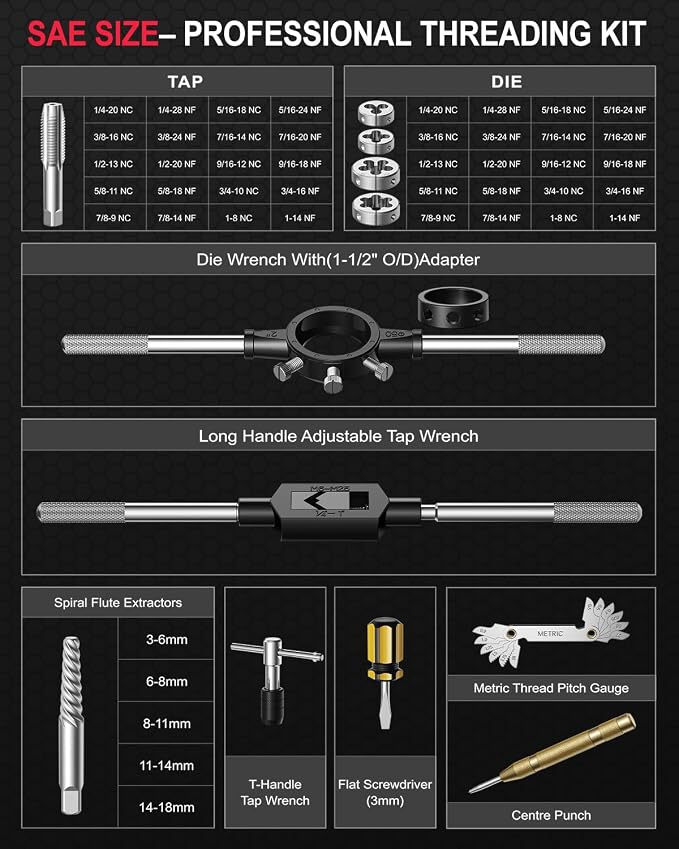 Kolvoii 52-Piece Large SAE Tap and Die Set, 1/4"-20 to 1"-14 Coarse and Fine Threads, Heavy-Duty GCr15 Steel Thread Repair & Rethreading Tool Kit for Internal & External Thread
