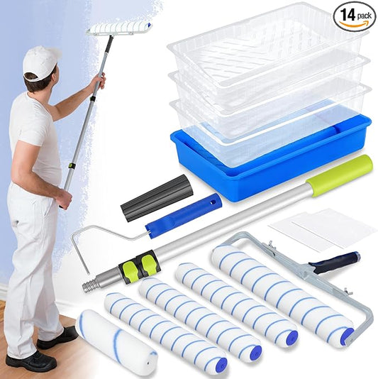 18 Inch Paint Roller Kit, 14 Pack Paint Roller Set with 2-4 Ft Extension Pole, Paint Tray Liners with Plastic Sheeting for Painting Walls Ceilings House Corner Stain