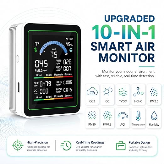 Upgraded 10-in-1 Smart Air Quality Monitor – Professional Indoor Air Test Kit for CO₂, TVOC, HCHO, PM0.3-10, PM2.5, Temperature & AQI – Home, Car, Pets, Plants, Hotels – White