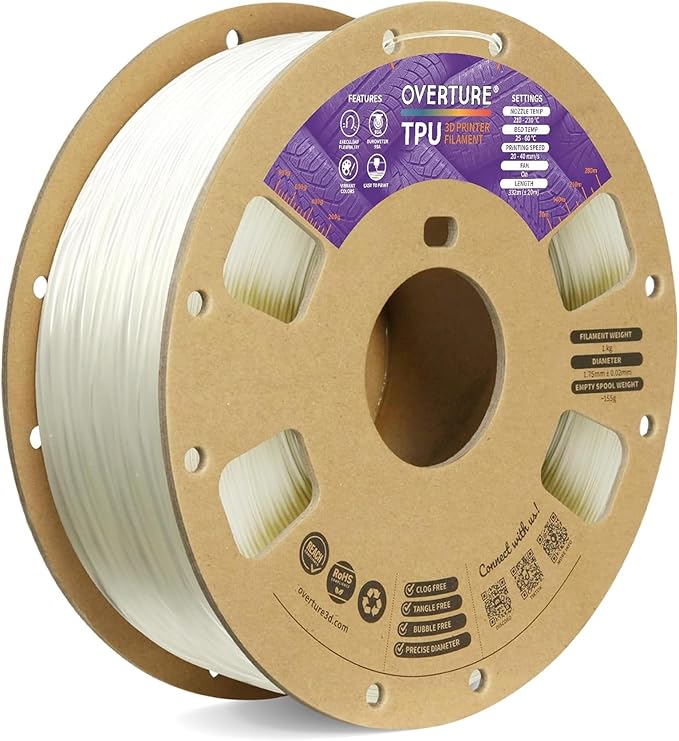OVERTURE TPU 95A Flexible 3D Printer Filament 1.75mm | High Elasticity & Durability Filament,1kg Spool(2.2lbs),Fit Most FDM Printer(TPU Transparent)