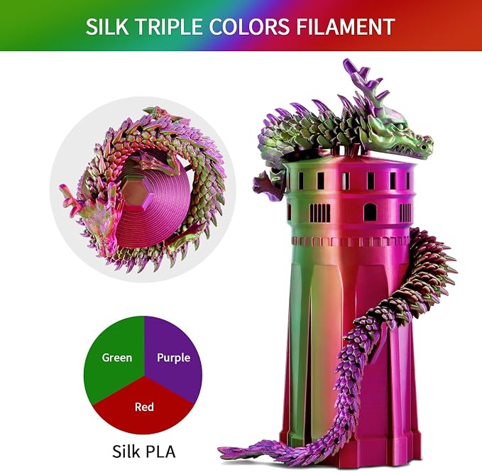 ERYONE Silk Tri Color PLA Filament 3D Printer 1.75mm +/- 0.03mm, Multicolor Filament Tricolor PLA 1KG(2.2lbs) Cardboard Spool, Red Purple Green