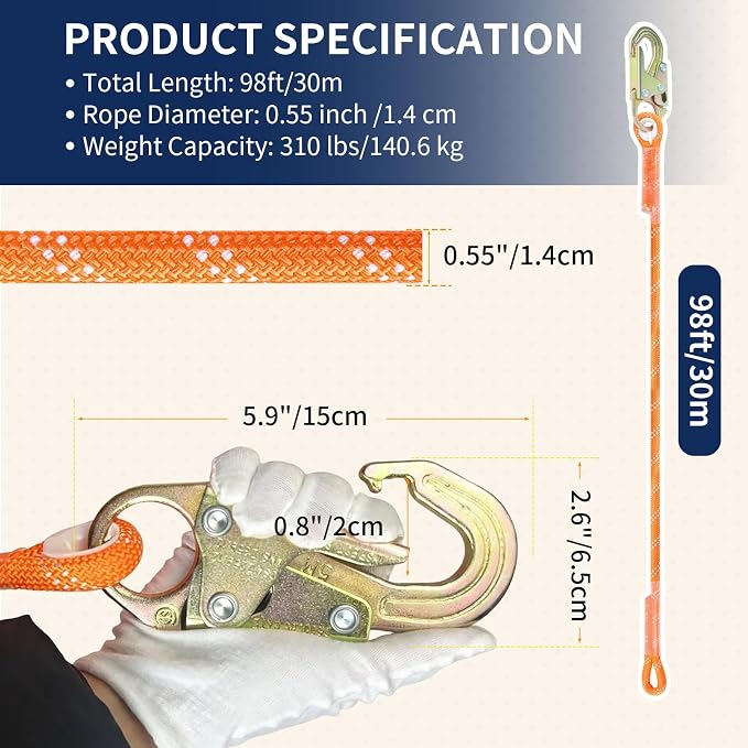Fall Protection Safety Rope 100FT, Heavy Duty Vertical Lifeline Assembly with Grab Snap Hooks Shock Absorber, Safety Lanyard for Roofing Tree Climbing Construction