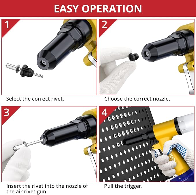 JUSTOOL Heavy Duty Pneumatic Rivet Gun 3916 LBF Air Rivet Gun-3/32", 1/8", 5/32", 3/16", 1/4" Air Riveter with NPT 1/4 inch Air Hydraulic Riveter for Automotive Construction Maintenance Industries DIY