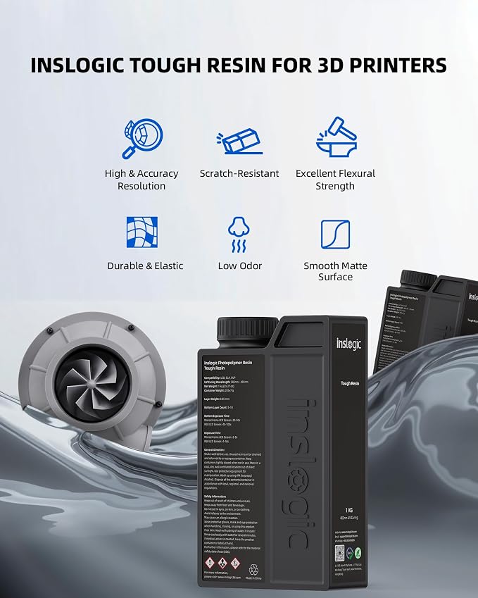 Inslogic Tough 3D Printer Resin, High Strength and Scratch-Resistant Matte Finish, Durable and Flexible, 405nm UV-Curing Resin for LCD, DLP, SLA 3D Printing, 1kg Gray