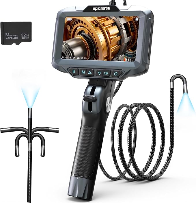Two-Way Articulating Borescope, 1080P HD Endoscope Camera with 5" IPS Screen, IP67 Waterproof 0.23in Slim Probe Inspection Camera with Adjustable Light, for Automotive Pipe Sewer 32GB SD Card
