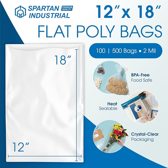 12" X 18" Open-End Flat Poly Bags (500 Count) - 2 Mil Plastic Clear Bags for Packaging, Shipping, Storage - No Adhesive Strip - Spartan Industrial