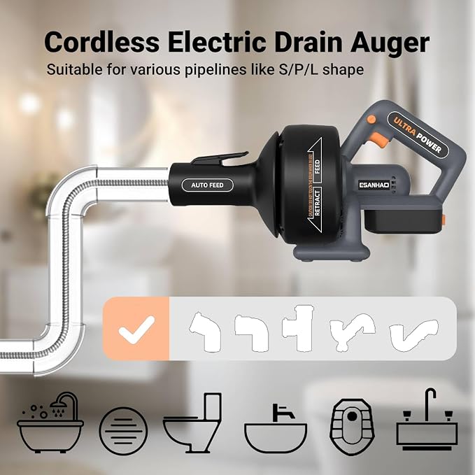 Electric Drain Auger 25ft Cordless Drain Cleaner machine auto feed plumbing snake for kitchen sink, showers, toilet et. 3/4-2" Pipe drain clog (Upgraded)