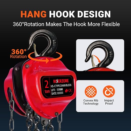 2 Ton Hand Chain Hoist 4400 Lbs Capacity 20ft Lift Manual Come Along Winch with G80 Steel Chain & Dual Hooks for Engine Lift, Warehouses, Automotive, Machinery