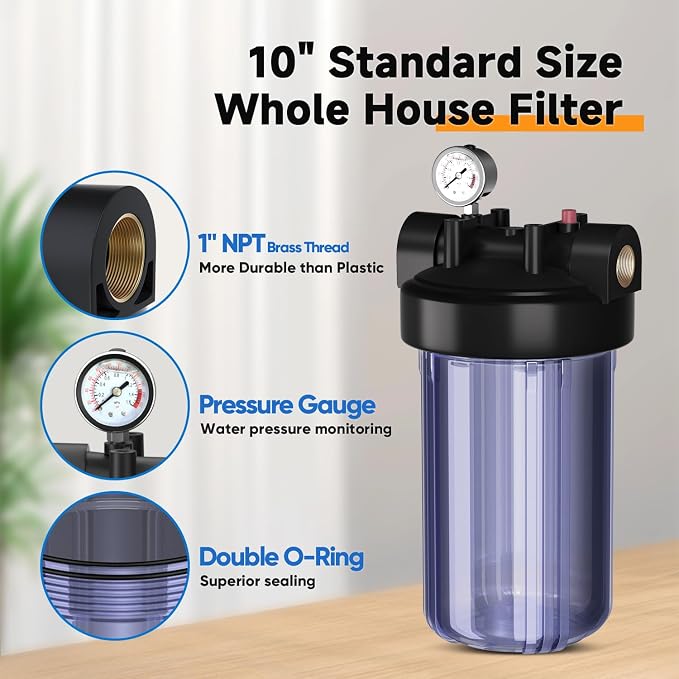 PUREPLUS Whole House Water Filter, 10"x4.5" Universal Housing, Clear, with 2 Compound Water Filters, Reduceing Chlorine, sand, rust, sediment, color, Replacement for FXHTC, GXWH40L, GXWH35F, GNWH38S
