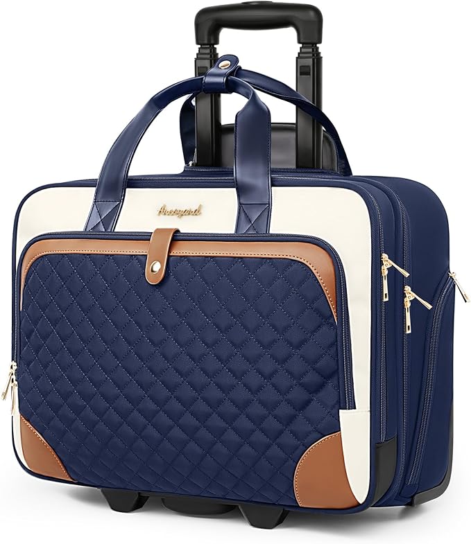 Arcoyard Rolling Laptop Bag, Rolling Briefcase for Women with Waterproof Pocket, 16 Inch Computer Bag, Underseat Carry On Luggage with Wheels for Work Travel Business, Lightweight Navy Blue Brown