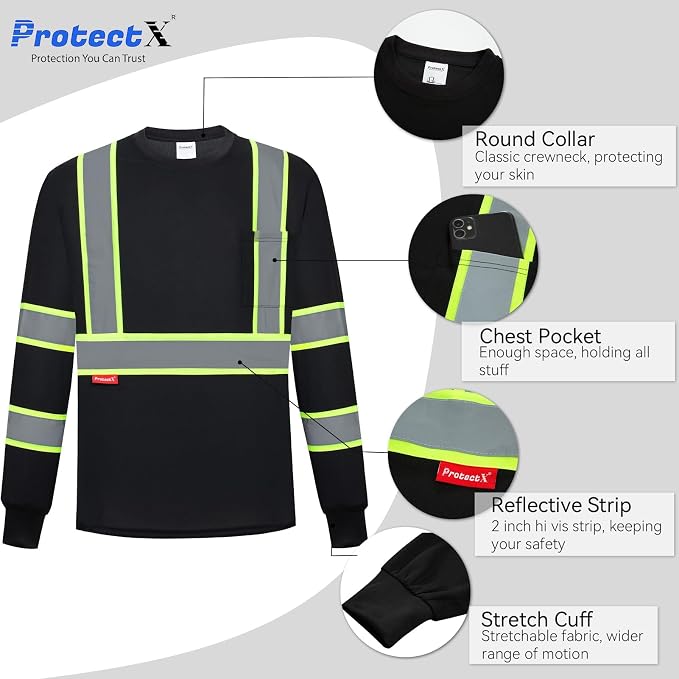 ProtectX 3-Pack Men's High Visibility Heavy Duty Breathable Long Sleeve Reflective Safety T-Shirts for Work