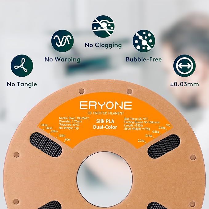 ERYONE Silk Dual Color PLA Filament 3D Printer 1.75mm +/- 0.03mm, Bicolor Filament Two Tone PLA 1KG(2.2lbs) Cardboard Spool, Midnight Blue & Black