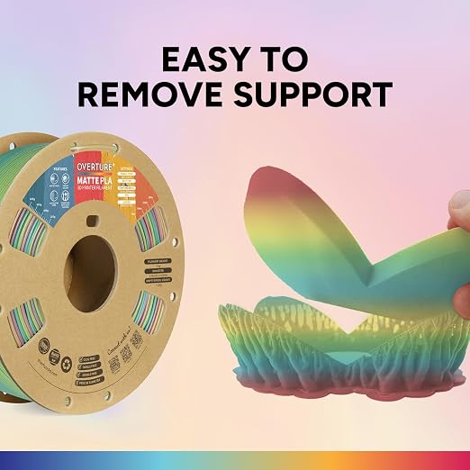 OVERTURE Matte PLA 1.75mm, Low Warp & Smooth Finish 3D Printer Filament | Frosted Matt Finish Hides Layer Lines, 1kg Spool (2.2lbs) Cardboard Spool, Fit Most FDM Printer (Matte Rainbow)