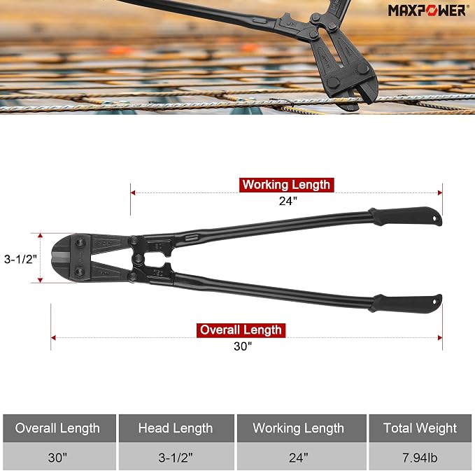 MAXPOWER Bolt Cutter 30 inch, Max Jaw Opening 13/16", Heavy Duty Metal Cutters with Ergonomic Rubber Long Handle