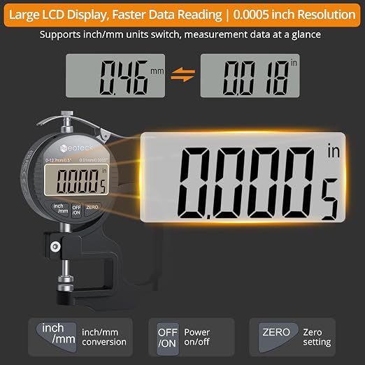 Neoteck Digital Thickness Gauge 0.5inch/12.7mm,0.0005inch/0.01mm LCD Display with Inch/MM Conversion One-Hand Quick Press Thickness Measuring Tool for Leather Paper Fabric Film etc.-Silver-Black
